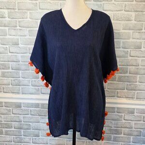 Bette California Positano Caftan Navy Orange Tassel Swim Cover Resort NEW OS $89